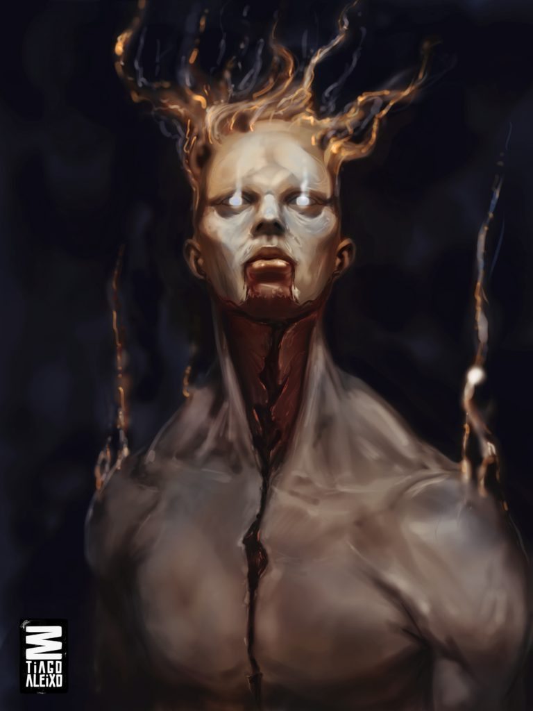 Showcasing my latest creations, “Looker” is a digital artwork by Tiago Aleixo, featuring a fiery, intense character with molten energy and glowing eyes. A striking fantasy-inspired portrait.